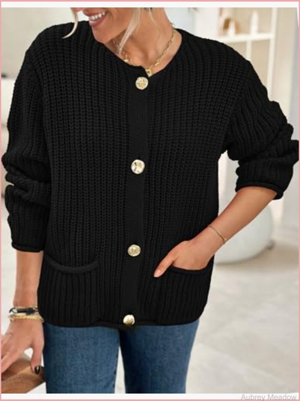 Oversized Chunky Knit Cardigan with Pockets Crewneck Button Up - Picture 3 of 7